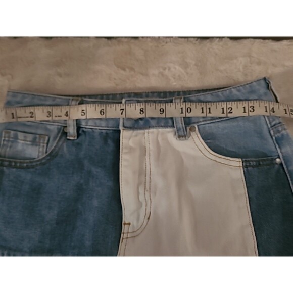 PACSUN Colorblock Denim Jean Mini Skirt Size 26 Blue White Patch Work Frayed Hem - Picture 6 of 8